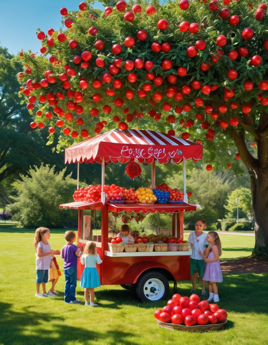 A whimsical scene featuring a vibrant candy apple stand, overflowing with glossy, sugar-coated apples in various colors like bright red, green, and purple. Surrounding the apples are joyful children enjoying the treats, with colorful balloons floating above them. A sunny park setting with lush greenery and a sparkling blue sky enhances the cheerful vibe. The image should evoke feelings of happiness and nostalgia. super-realistic. vibrant colors. playful atmosphere.