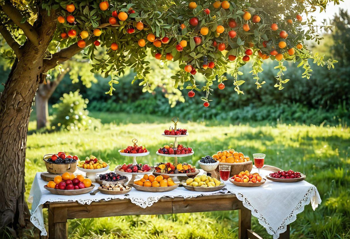 A vibrant and lush orchard filled with ripe, juicy fruits dangling from branches, with a rustic wooden table elegantly set nearby showcasing a variety of colorful fruit dishes and desserts. Sunlight filters through the leaves, creating a warm, inviting atmosphere, while butterflies flutter around to enhance the sense of bliss in nature. The table is adorned with fresh herbs and flowers, emphasizing the freshness of the treats. super-realistic. vibrant colors. soft focus background.