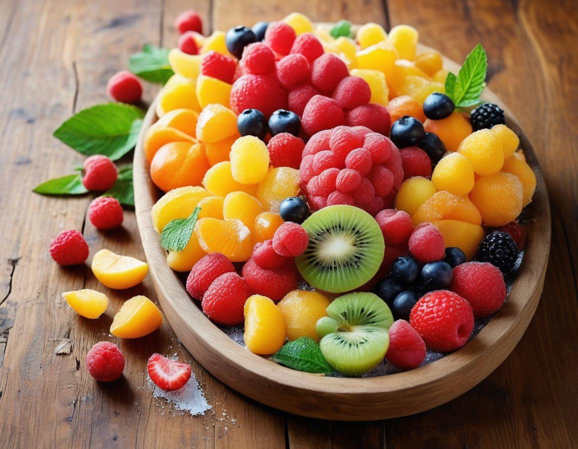 A colorful assortment of sugar-coated fruits arranged artistically on a vibrant, rustic wooden table. Incorporate a sunny backdrop with soft, glowing light that highlights the sparkling sugar crystals. Add a few whole fruits scattered around to emphasize freshness and healthfulness. Include a hint of greenery, like mint leaves, to bring life to the scene. playful and whimsical, bright colors
